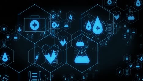 Animation-of-networks-of-blue-medical-icons-on-black-background
