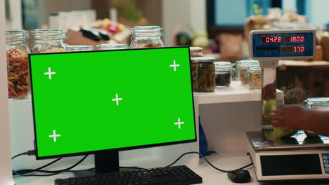 monitor de pantalla verde en el mostrador del mercado local de agricultores biológicos
