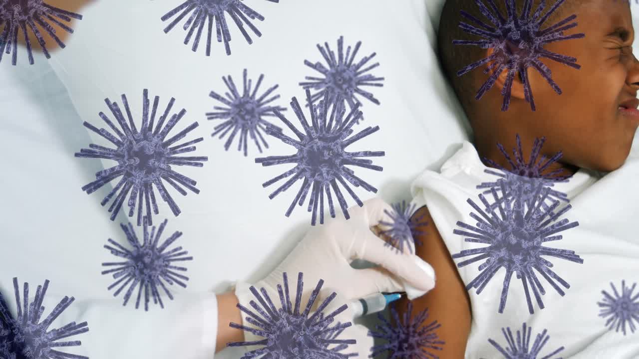 animación de las células del virus sobre una médica caucásica que trata a un paciente