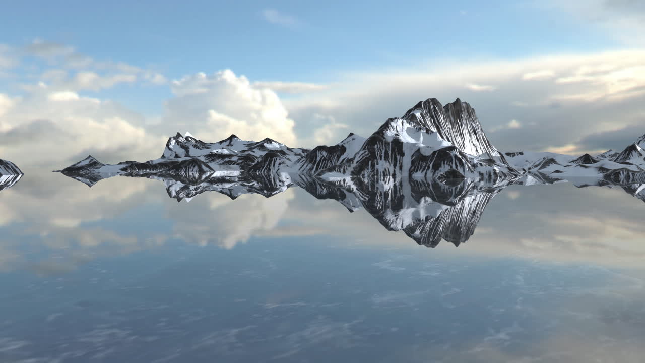 Snowy mountains reflecting in lake