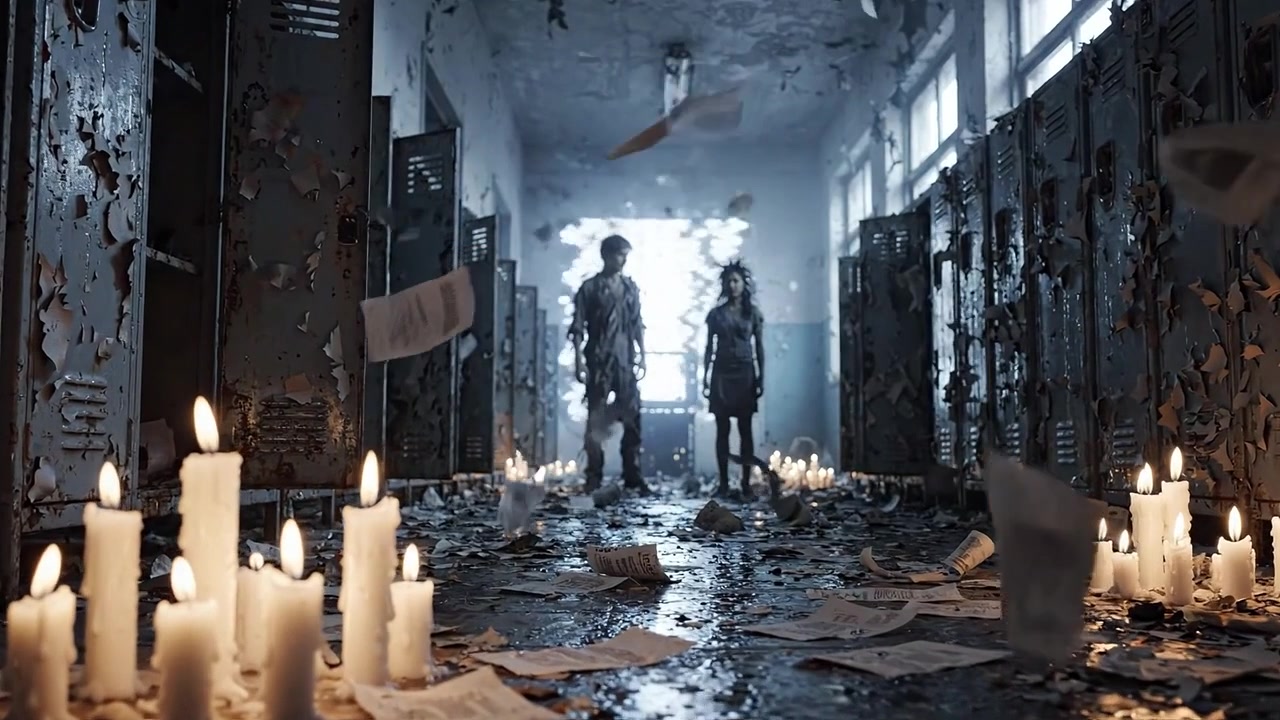 Una scena inquietante in un corridoio abbandonato con candele tremolanti che illuminano il pavimento cosparso di detriti, evidenziando la presenza spettrale di due figure indistinte.
