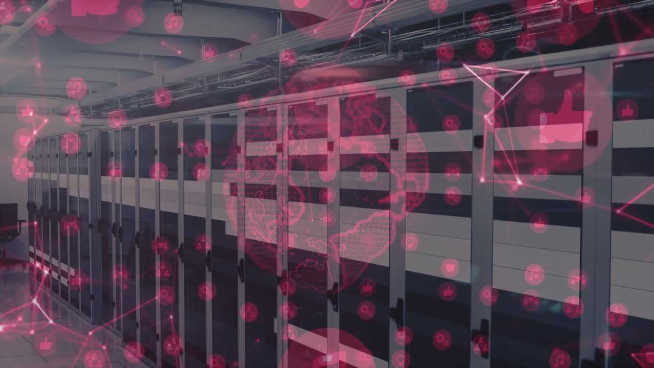 Digital network and data processing animation over servers in data center