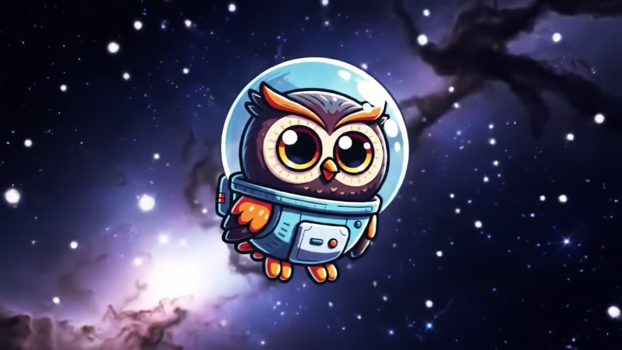 A cartoon owl exploring the cosmos in a bright space suit, surrounded by the shimmering stars and mysterious galaxies of the universe.