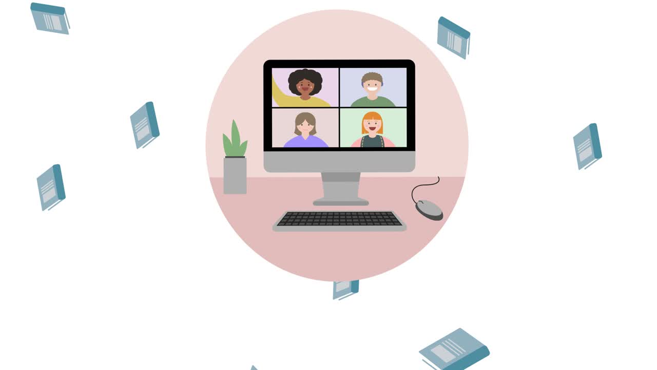 Animation of falling grey notebooks and computer video call screen in pink circle on white