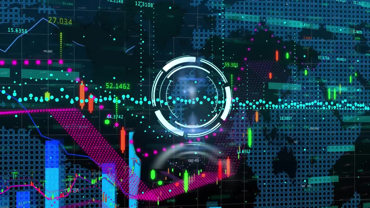 Animation of circles and multicolored graphs with digits and squares forming map