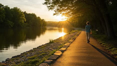 Person walking along a riverside path at sunset or sunrise