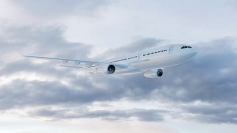 side view of a commercial airplane flying fast above the clouds