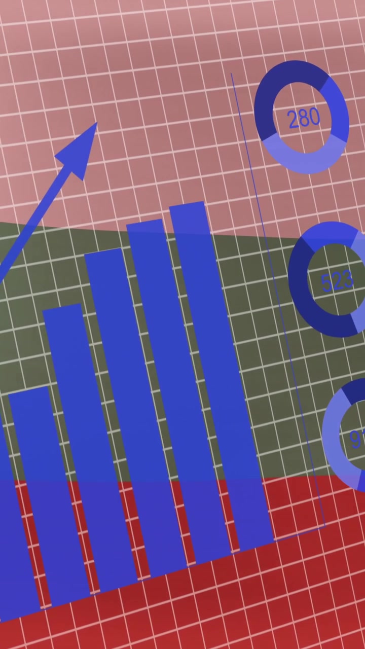 Animación de procesamiento de datos estadísticos sobre una red cuadriculada contra un fondo de bandera de Bulgaria ondeando.