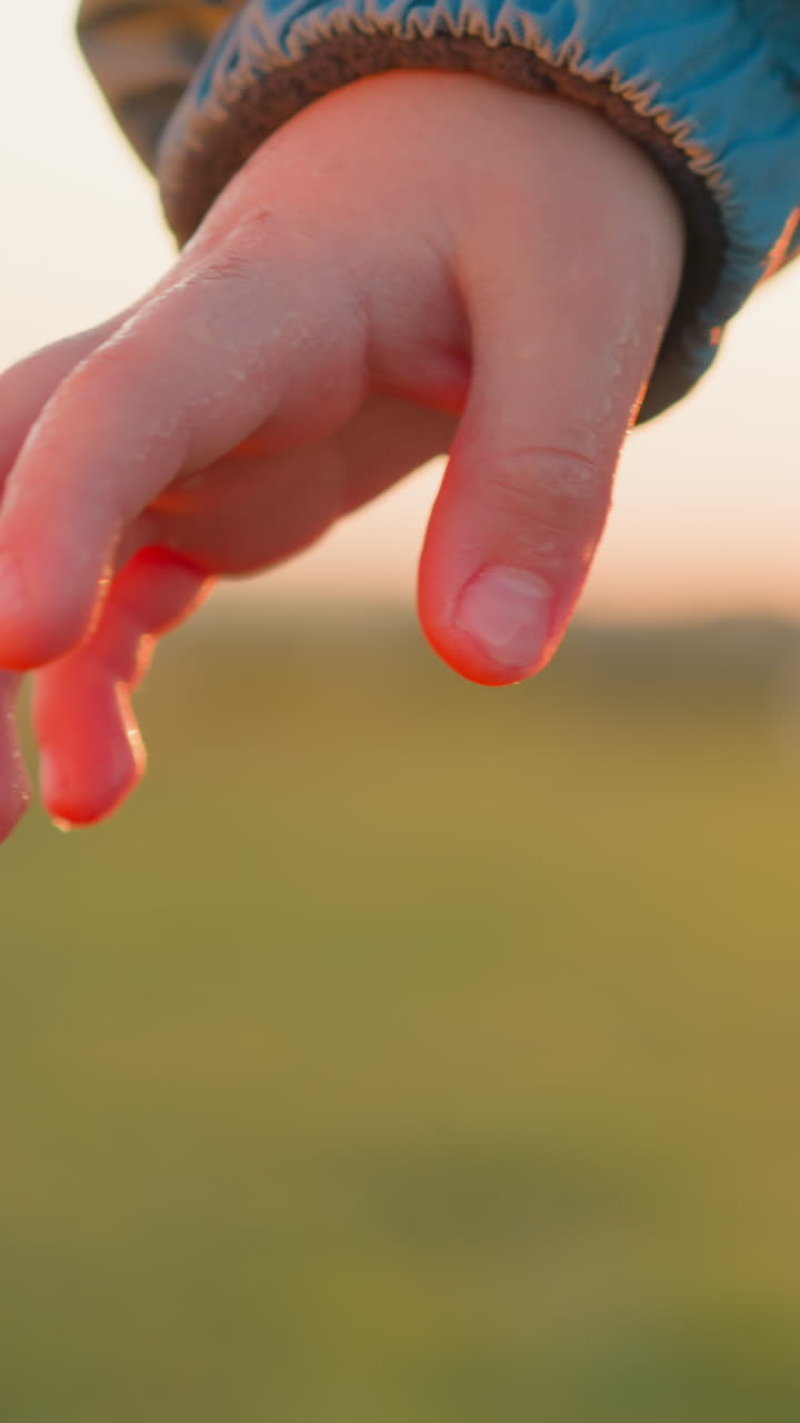 아이의 레인코트 클로즈업에 대한 비의 걱거리는 소리. 방울의 물 어리가 아이의 코트를 장식합니다. 즐거운 탐험의 시간을 통해 얻은 명예의 배지.