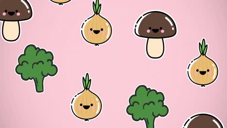 Animation-of-falling-vegetables-over-pink-background