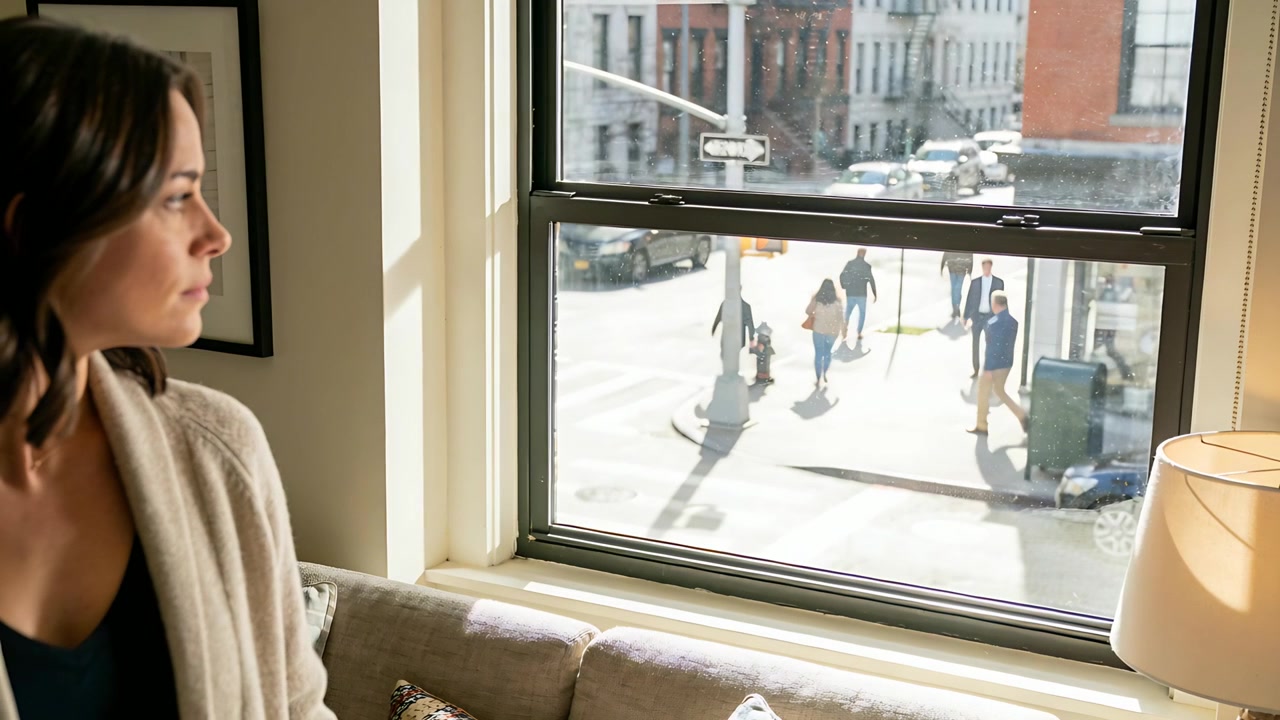 Watching woman in cardigan turning toward window at home as people entering crosswalk, copy space