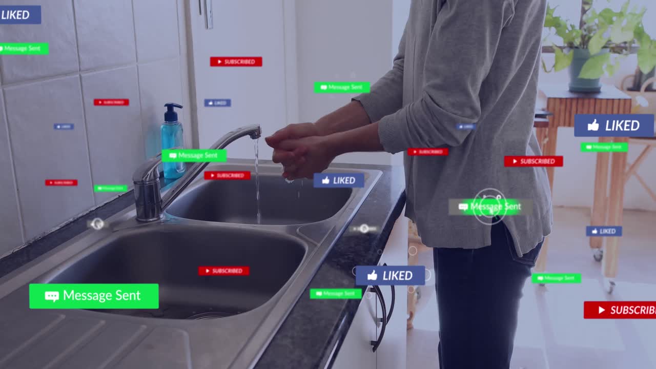 animación de iconos de redes sociales con textos sobre una mujer caucásica lavándose las manos.