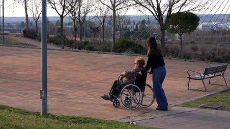 young woman pushing her grandmother in a wheelchair through the park