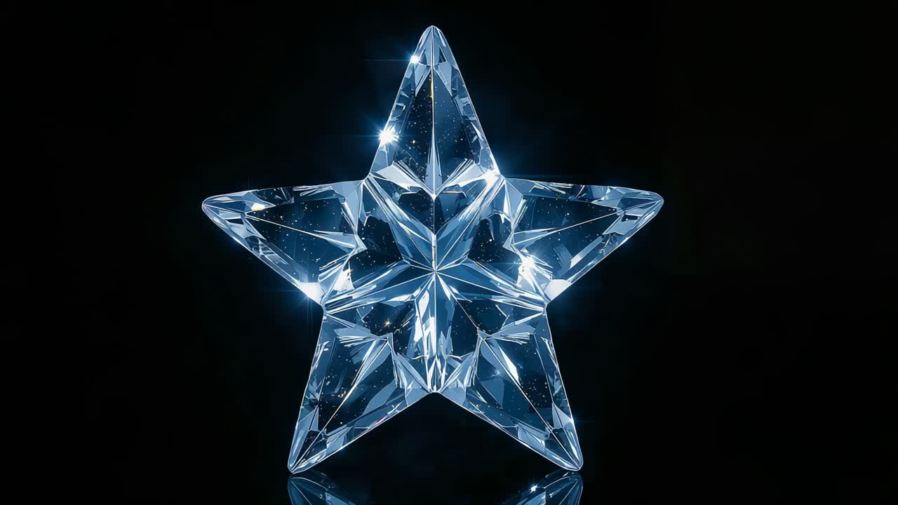 Glistening crystal star reflecting on mirrored base in studio with spots moving, specks twinkling