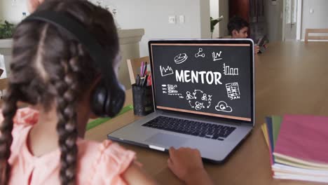 estudiante biracial teniendo clase en una llamada de video portátil con texto de mentor en cámara lenta