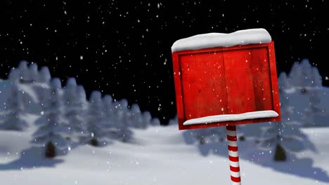 Animation-of-snow-falling-and-north-pole-sign-with-copy-space-over-winter-scenery