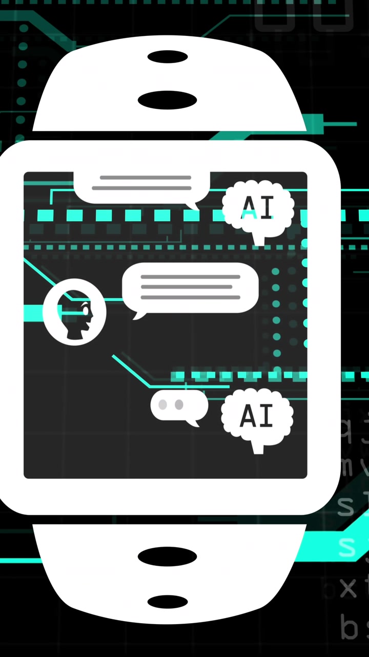 Animation af AI-tekst, ikoner og databehandling på smartwatch over printplade