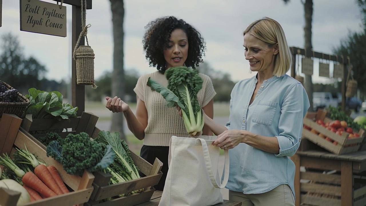 Observando verduras, duas mulheres inspecionam e embalam produtos enquanto fazem compras em uma barraca de mercado com uma sacola