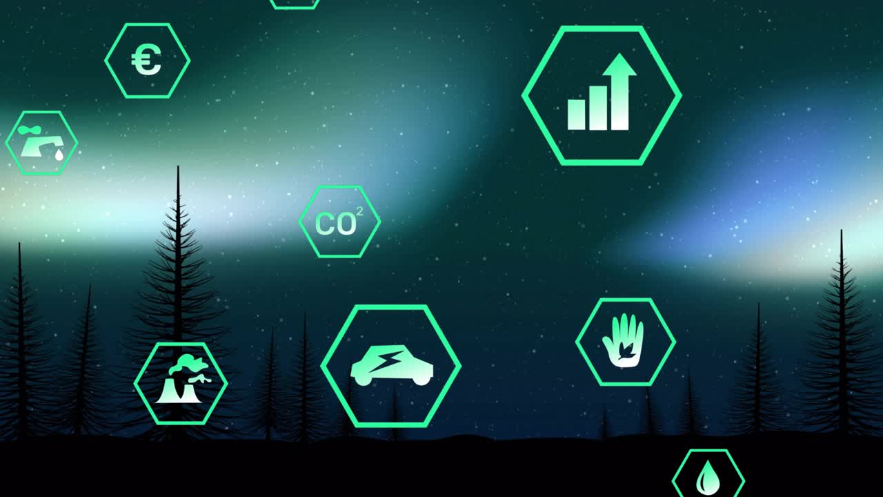 Frame one initiating icons fading above treeline, drifting right, visualizing data under aurora
