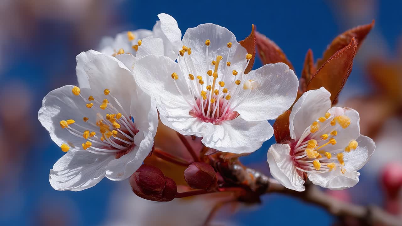 Una splendida esposizione di fiori di ciliegio in piena fioritura contro un cielo azzurro limpido, che mostra i loro petali delicati e i colori vivaci