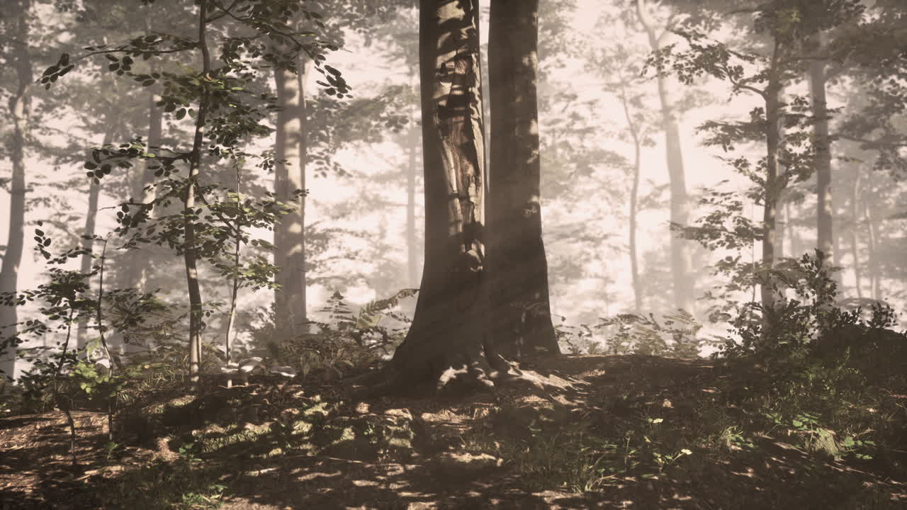 떠오르는 태양은 안개가 많은 여름 아침에 낙 ⁇  숲에 떨어집니다.