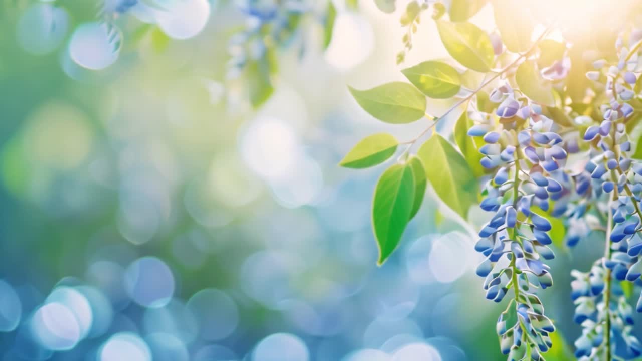 Blue Wisteria Flowers with Green Leaves and Bokeh Background