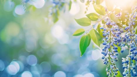 blue wisteria flowers with green leaves and bokeh background