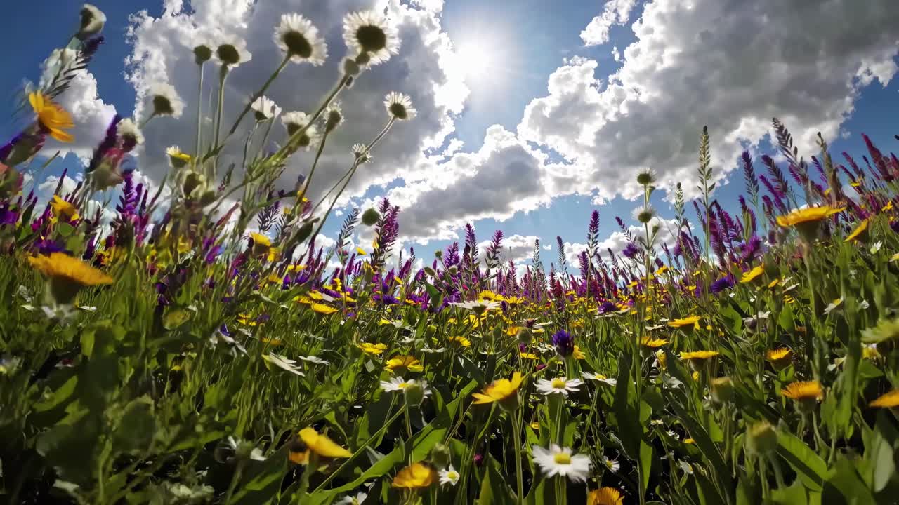 Video da una posizione ribassata di un vivace prato di fiori selvatici sotto un sole splendente e un cielo nuvoloso