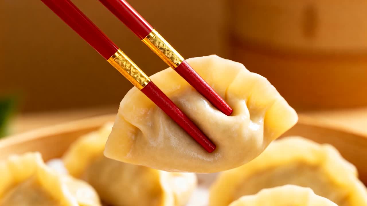 Entering upper-left red chopsticks closing, lifting dumpling from bamboo steamer at table to serve