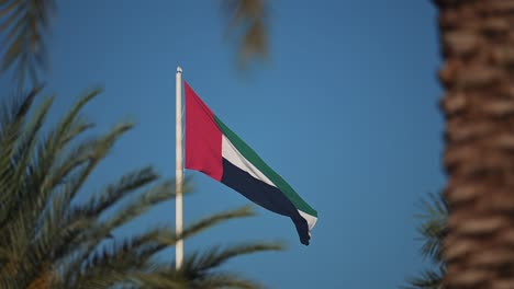 Die-Flagge-Der-Vereinigten-Arabischen-Emirate-Weht-Am-Fahnenmast,-Eingerahmt-Von-Palmen,-Auf-Der-Flaggeninsel-Sharjah-In-Den-Vereinigten-Arabischen-Emiraten