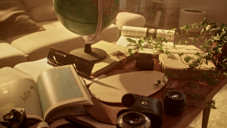 vintage study desk with globe and maps