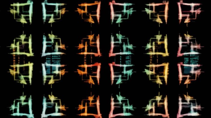 Vivid colors and geometric shapes blend seamlessly to form dynamic abstract patterns. This artistic display captures attention with its constant movement and eye-catching design.