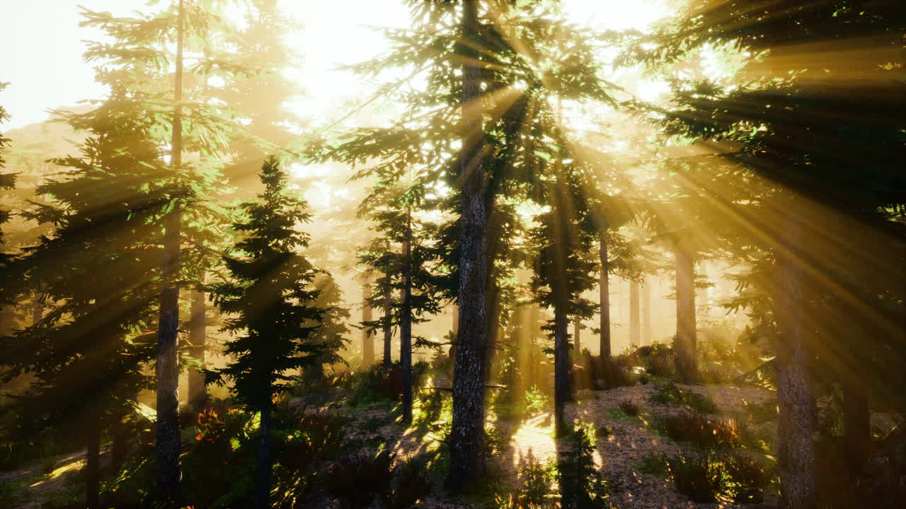 puesta de sol en el bosque brumoso