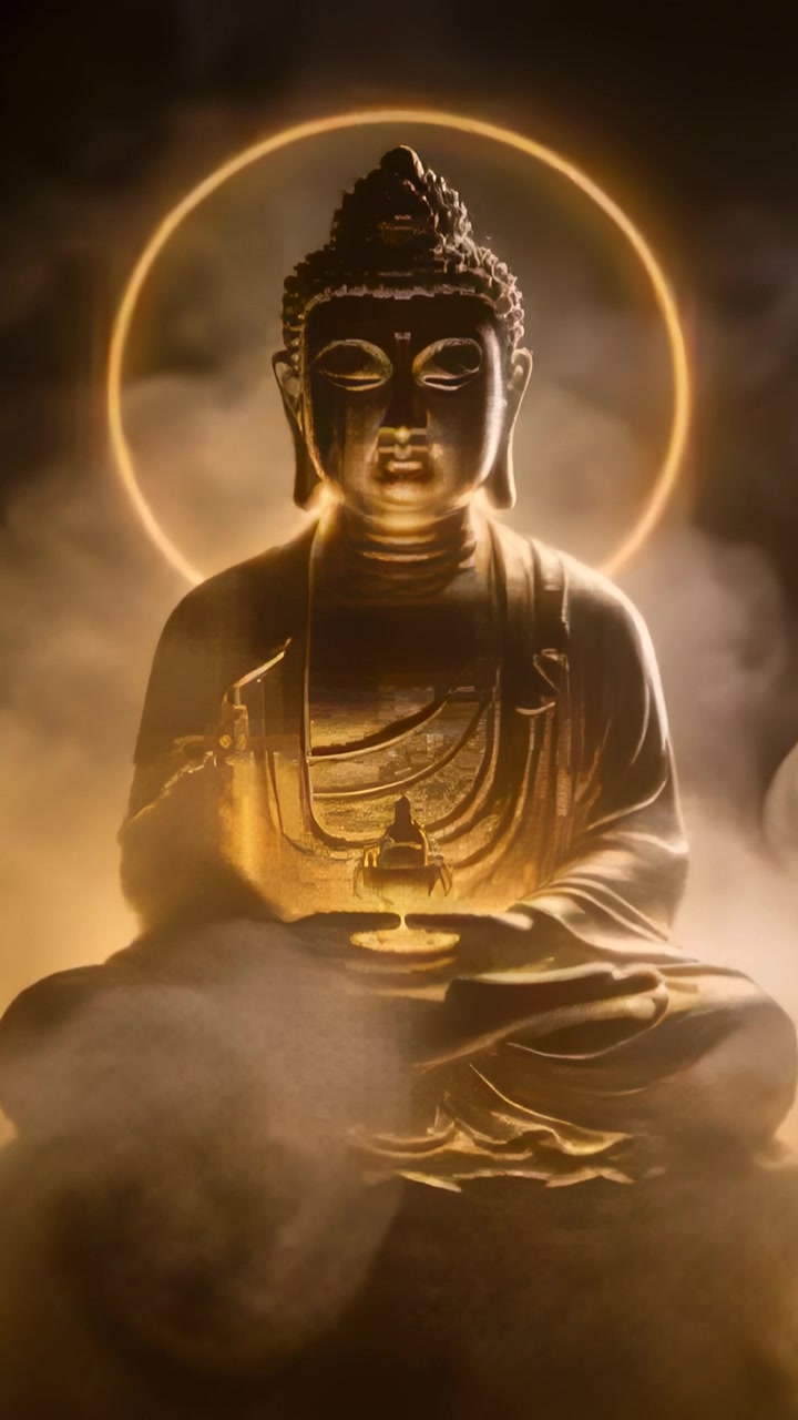 Video verticale: Aureola luminosa e lampada che brilla, Buddha d'oro che rivela le vesti in un santuario, nebbia che sale