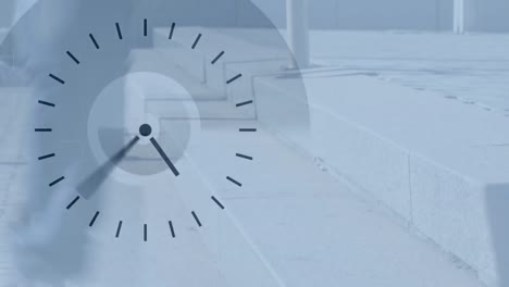 people walking fast with clock in the foreground