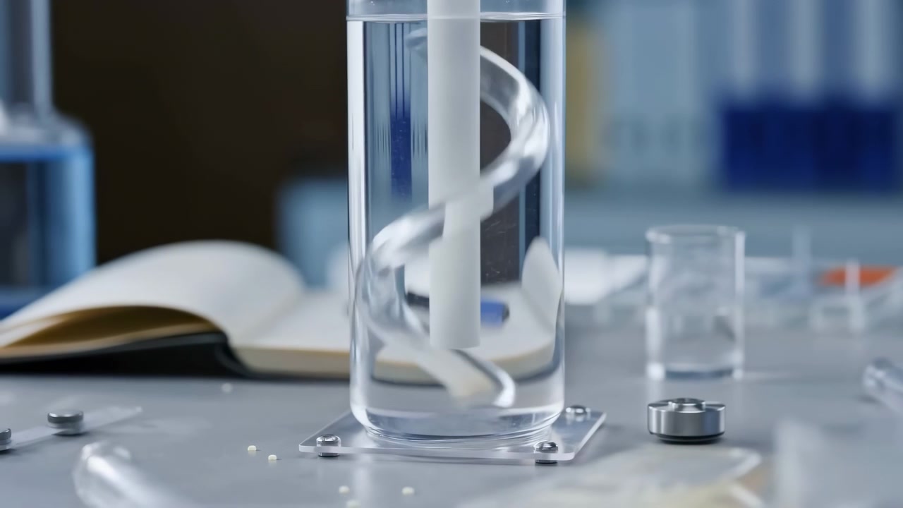 Cilindro trasparente in primo piano con miscelatore a spirale elicoidale in liquido trasparente, circondato da vetreria e pellet sparsi su un banco da laboratorio, ambiente di lavoro scientifico sterile.