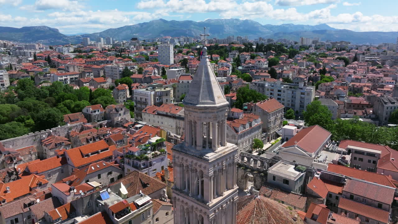 Saint Domnius Cathedral Bell Tower In The Historic Center Of Split, Croatia. Aerial Close-up Shot