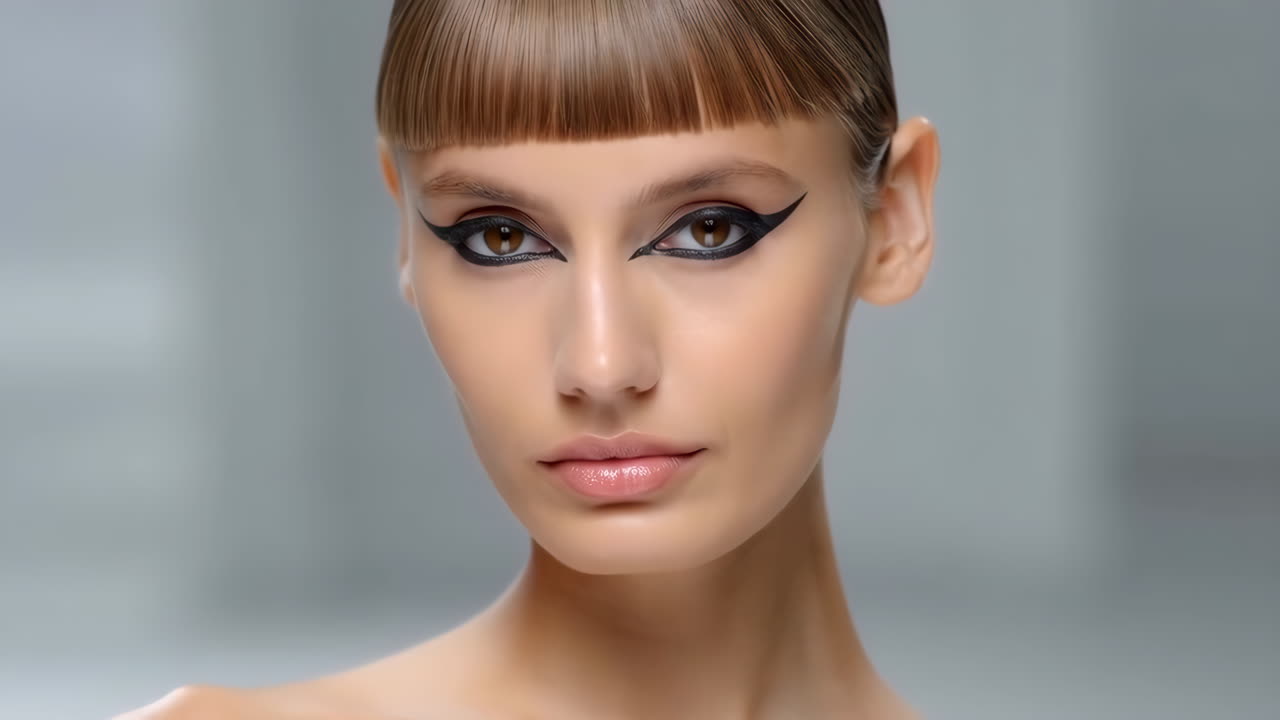 Close-up portrait of a woman with dramatic winged eyeliner and short bangs