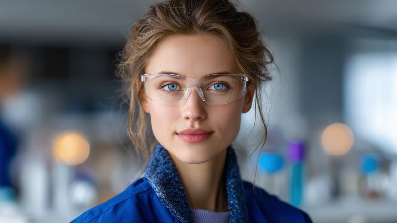 A Young Woman in Safety Glasses and a Blue Jacket, Captured in Two Frames That Highlight Her Determined Expression and Professional Environment