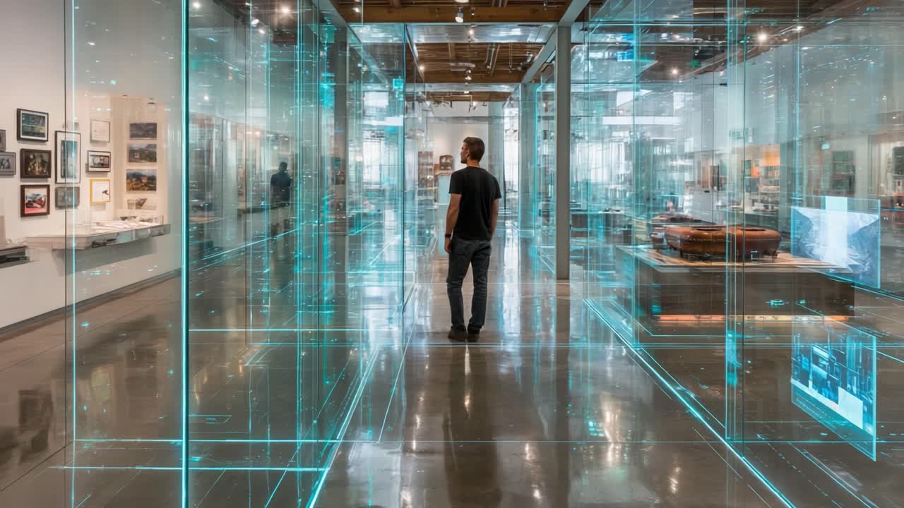 A Visitor Explores a Modern Art Installation Created with Transparent Walls and Digital Projections, Blurring the Lines Between Reality and Virtuality