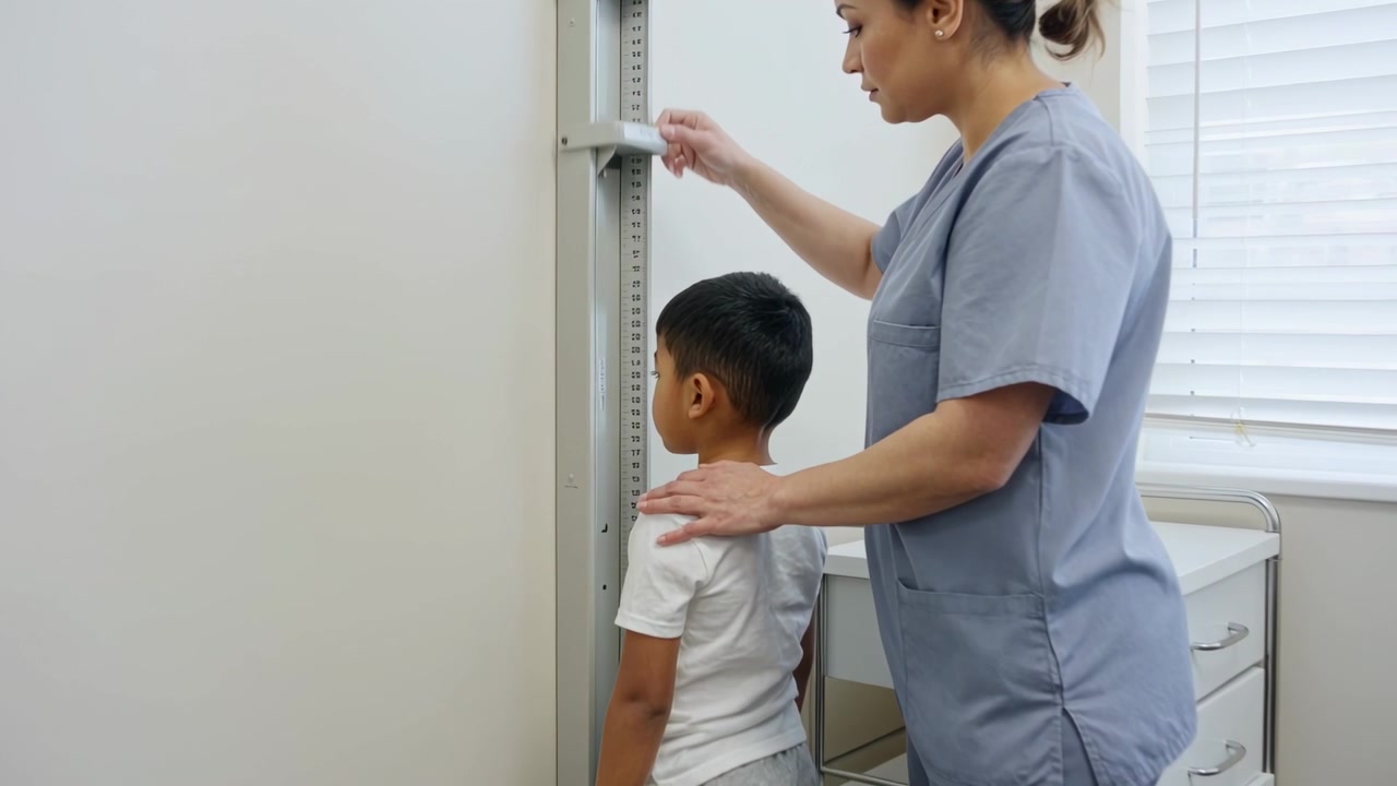 Measuring nurse in scrubs adjusting headpiece at clinic resting hand on child shoulder for checkup
