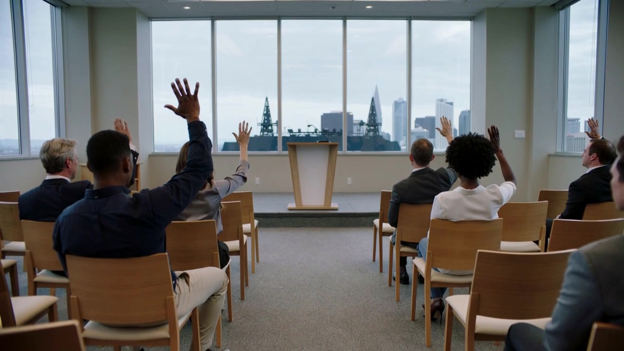 In risposta a una votazione, i partecipanti in abiti da lavoro alzano le mani al leggio in una sala riunioni per indicare il voto.
