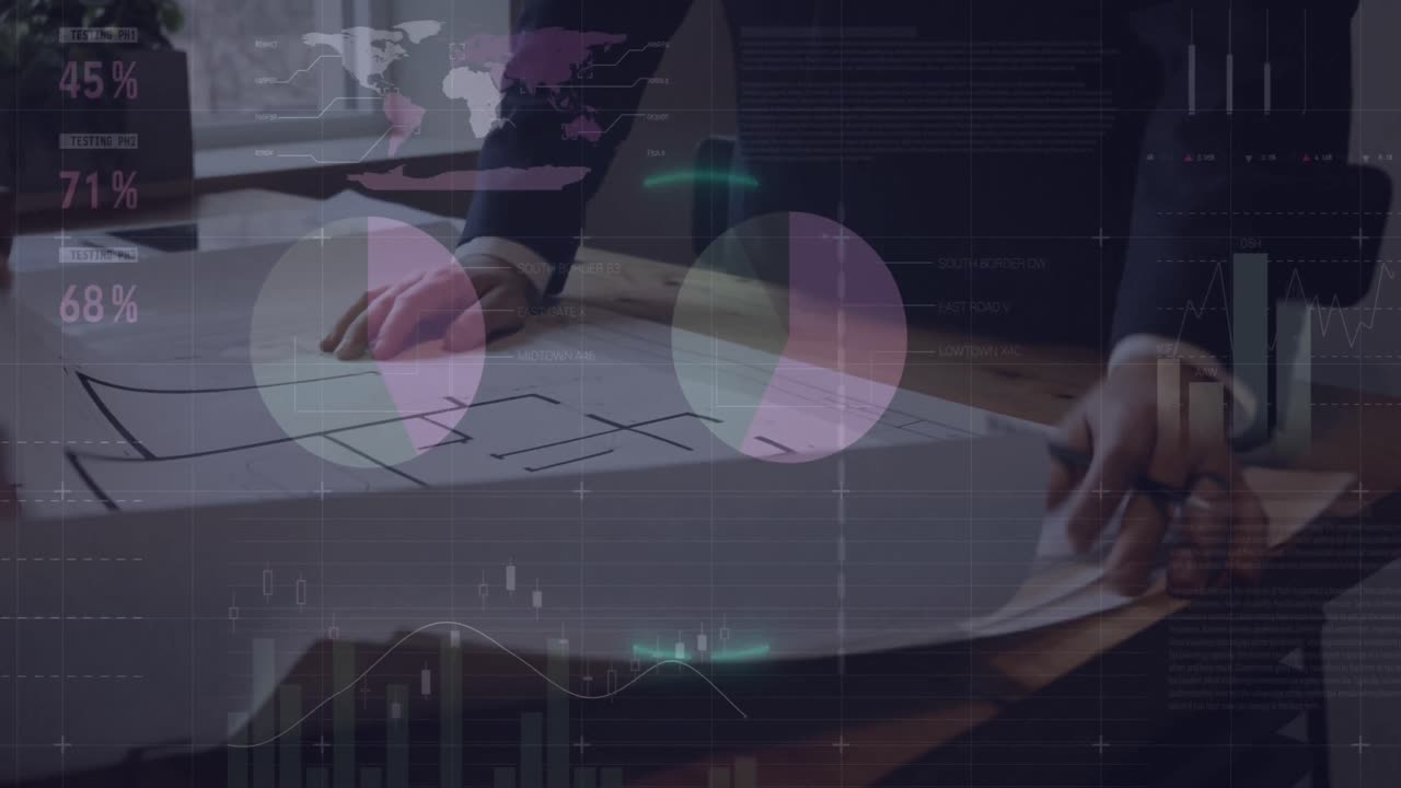 사무실에서 계획을 논의하는 사업가들에 대한 통계 데이터 처리의 애니메이션