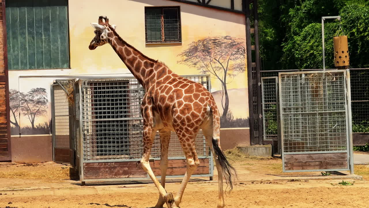 Giraffe in a sunny zoo. A tall giraffe strolls gracefully in its sunny zoo enclosure, amidst shadows and greenery