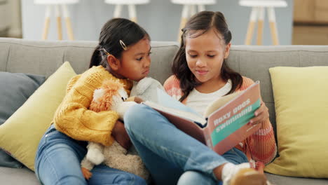 Sisters,-together-and-reading-a-book-on-sofa