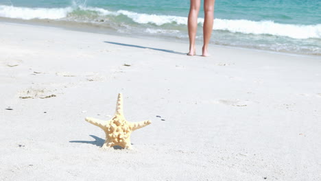 Rückansicht-Einer-Frau-Mit-Seestern-Am-Strand