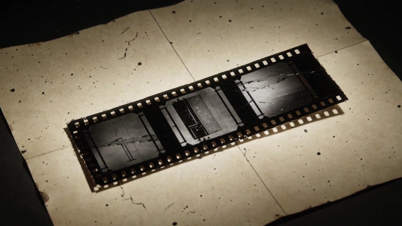 Eine sich bewegende Kamera verschiebt einen 35-mm-Filmstreifen zur Mitte, enthüllt Einzelbilder auf Rasterpapier mit schrägem Lichteinfall und Staub.