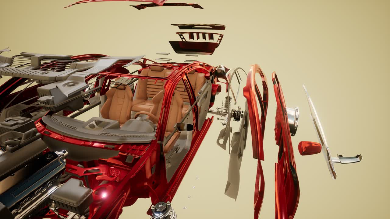 coche desmontado con partes visibles