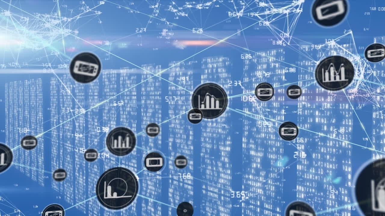 아이콘과 데이터 처리를 통해 컴퓨터 서버를 통해 연결 네트워크의 애니메이션