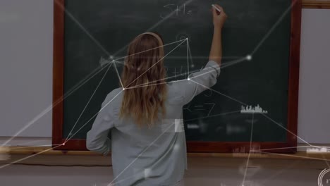 animation of network of connections over caucasian female teacher writing on board